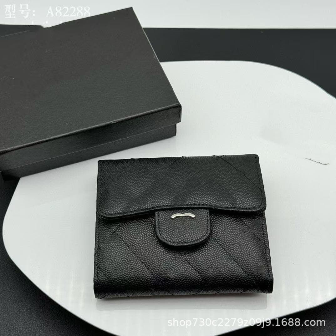 Chanel-Style Diamond-Quilted Tri-Fold Wallet for Women – Genuine Lambskin Leather Card Holder in Caviar Silver, Gold & Black