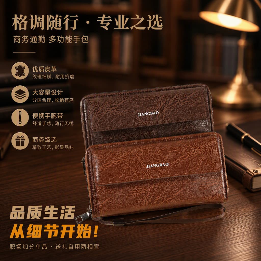 New Cross-Border Men's Large-Capacity Zipper Wallet with Multiple Card Slots, Large-Capacity Clutch, Phone Pouch, and Coin Purse