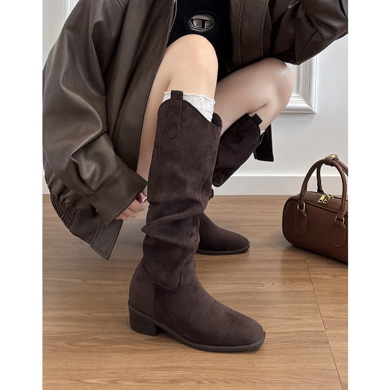 Women's Genuine Leather Knee-High Boots with Built-in Heel Lift – Pleated Retro Riding Boots in Khaki or Brown, photo 2