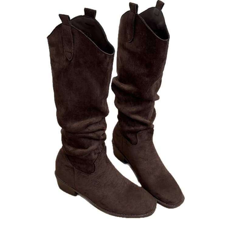 Women's Genuine Leather Knee-High Boots with Built-in Heel Lift – Pleated Retro Riding Boots in Khaki or Brown, photo 5