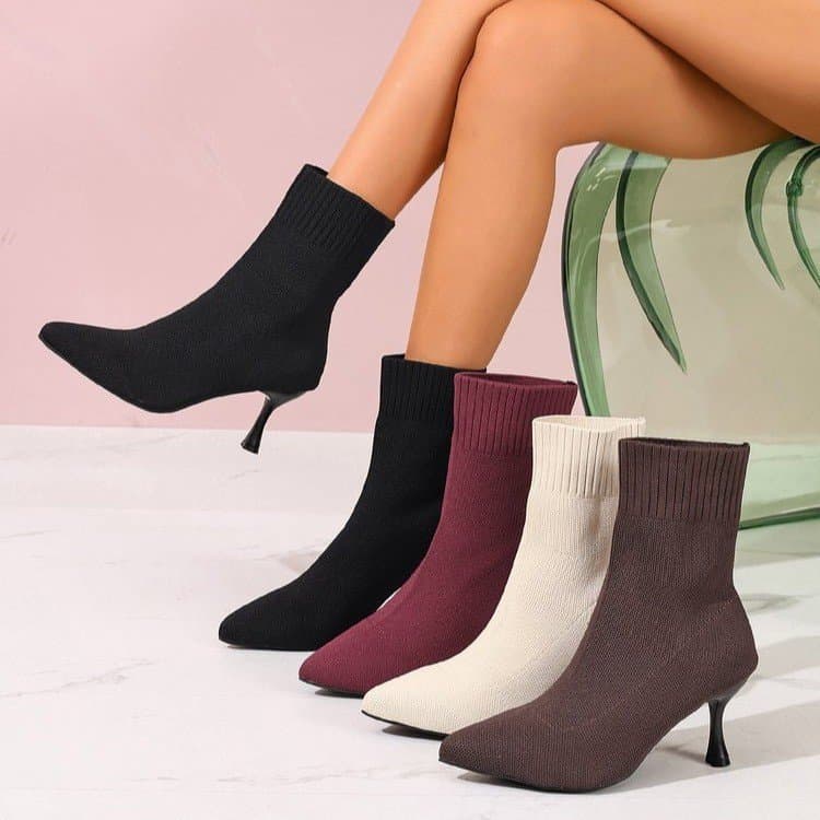 Cross-Border Knit High-Heel Fashion Boots for Women: European & American Style, Fall 2025 New Arrivals—Slim-Heel, Plus Size, Pointed-Toe, Sleeved, Stretch Sock Boots