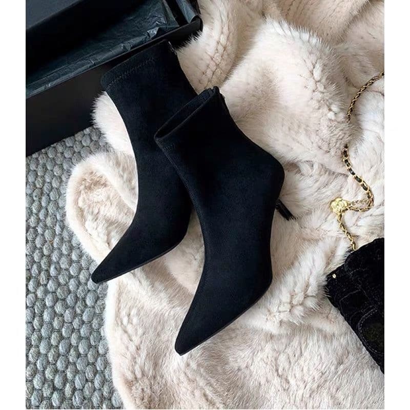 Chic Pointed-Toe Stretch Slimming Boots, French-Style Nude Boots, New Fall/Winter Collection, Elegant Single-Boots, Fleece-Lined, Back-Zip Short Boots for Women, photo 2