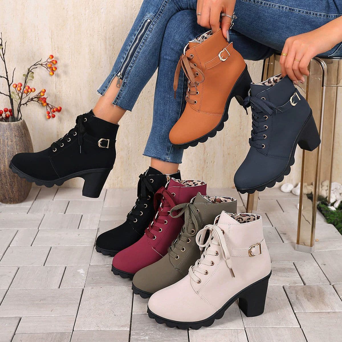 Cross-border International Trade: Chunky-Heel Ankle Boots, Round-Toe Lace-Up Boots, Nude-Heel Boots, High-Heel Side-Zip Dr. Martens Boots, Women's Single-Boots with Buckles, photo 4
