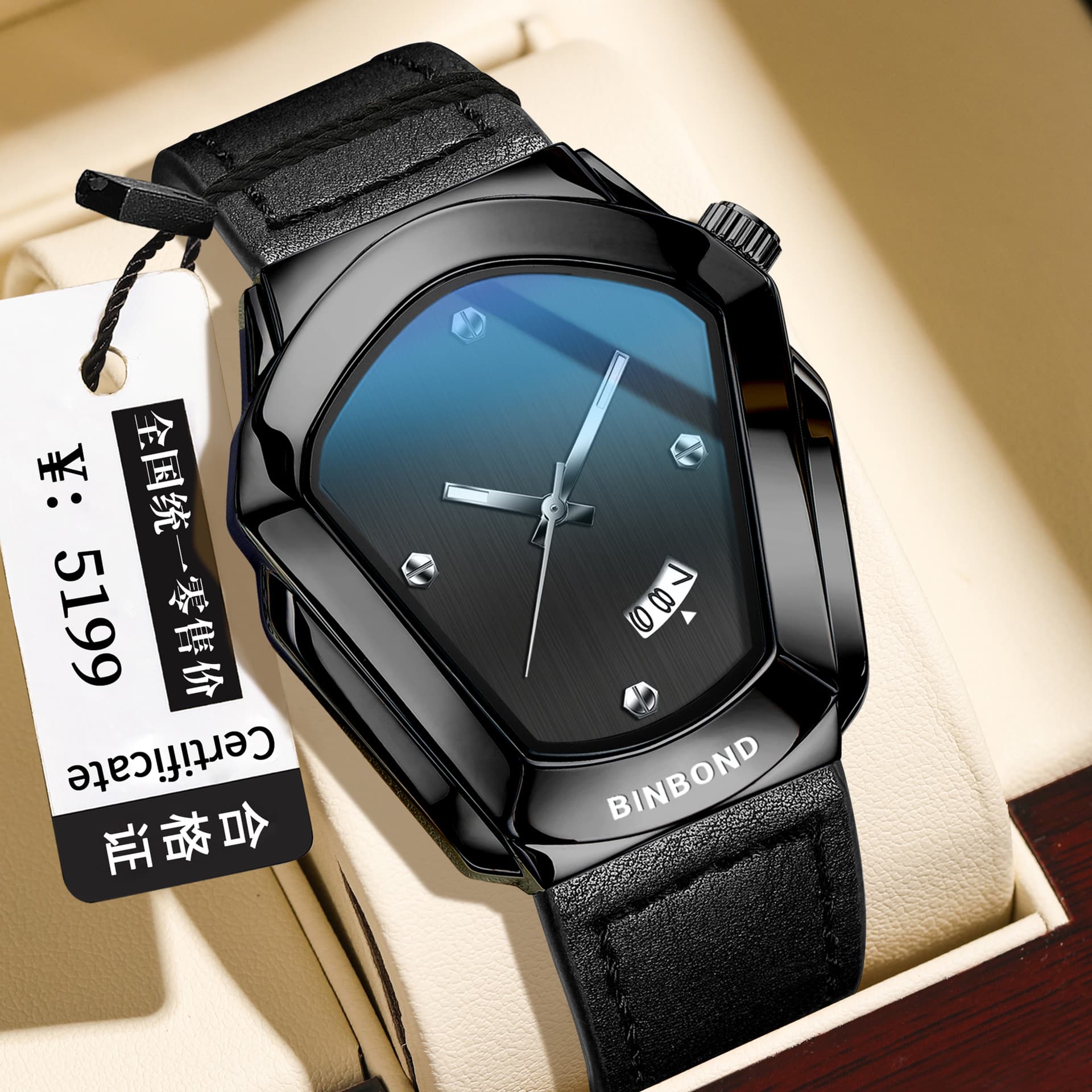 BINBOND Motorcycle-Style Men's Quartz Watch with Leather Strap, Luminous Dial & Calendar, photo 8