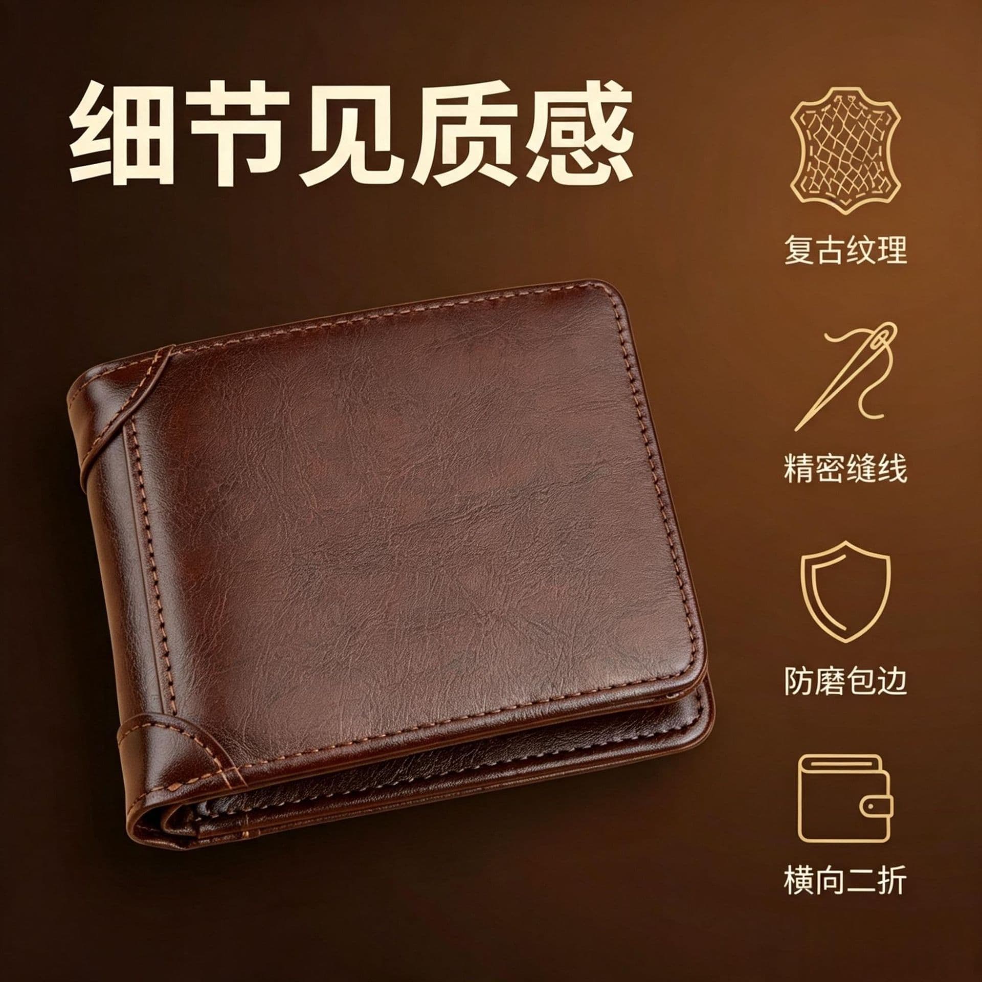 Men's Compact Bifold Wallet in PU Leather – Multiple Card Slots, Wear-Resistant, Solid Coffee Brown, photo 4