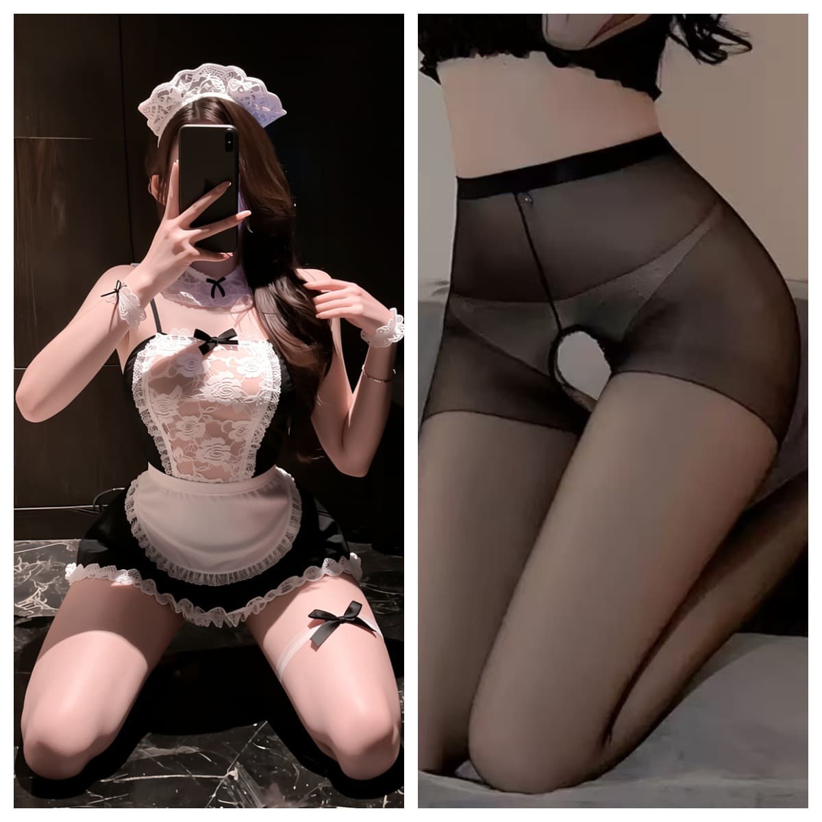 Lingerie-Style Maid Outfit—No-Remove Transparent Lace Headband, Maid Apron, Maid Costume with Lace Trim and Open Crotch, photo 7