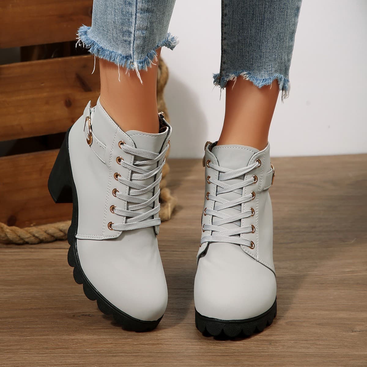 Cross-border International Trade: Chunky-Heel Ankle Boots, Round-Toe Lace-Up Boots, Nude-Heel Boots, High-Heel Side-Zip Dr. Martens Boots, Women's Single-Boots with Buckles, photo 8