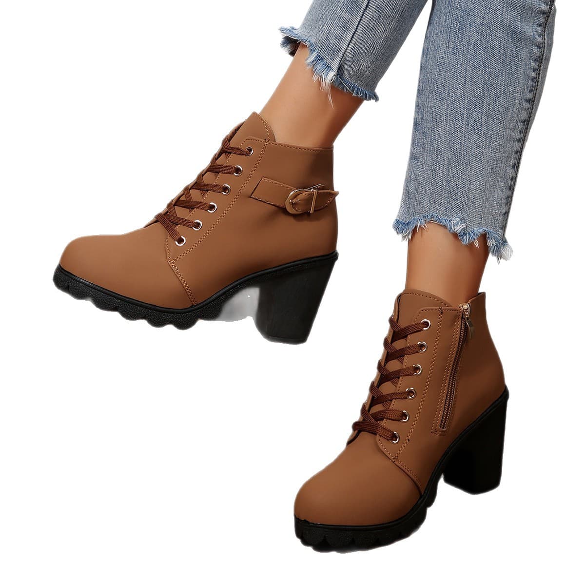 Cross-border International Trade: Chunky-Heel Ankle Boots, Round-Toe Lace-Up Boots, Nude-Heel Boots, High-Heel Side-Zip Dr. Martens Boots, Women's Single-Boots with Buckles, photo 5