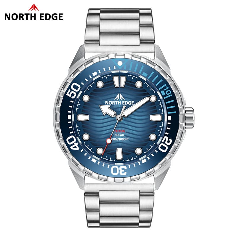 NORTH EDGE TRITON Solar-Powered Stainless Steel Dive Watch – 300m Water Resistant, Glow-in-the-Dark, Silicone Band, photo 9