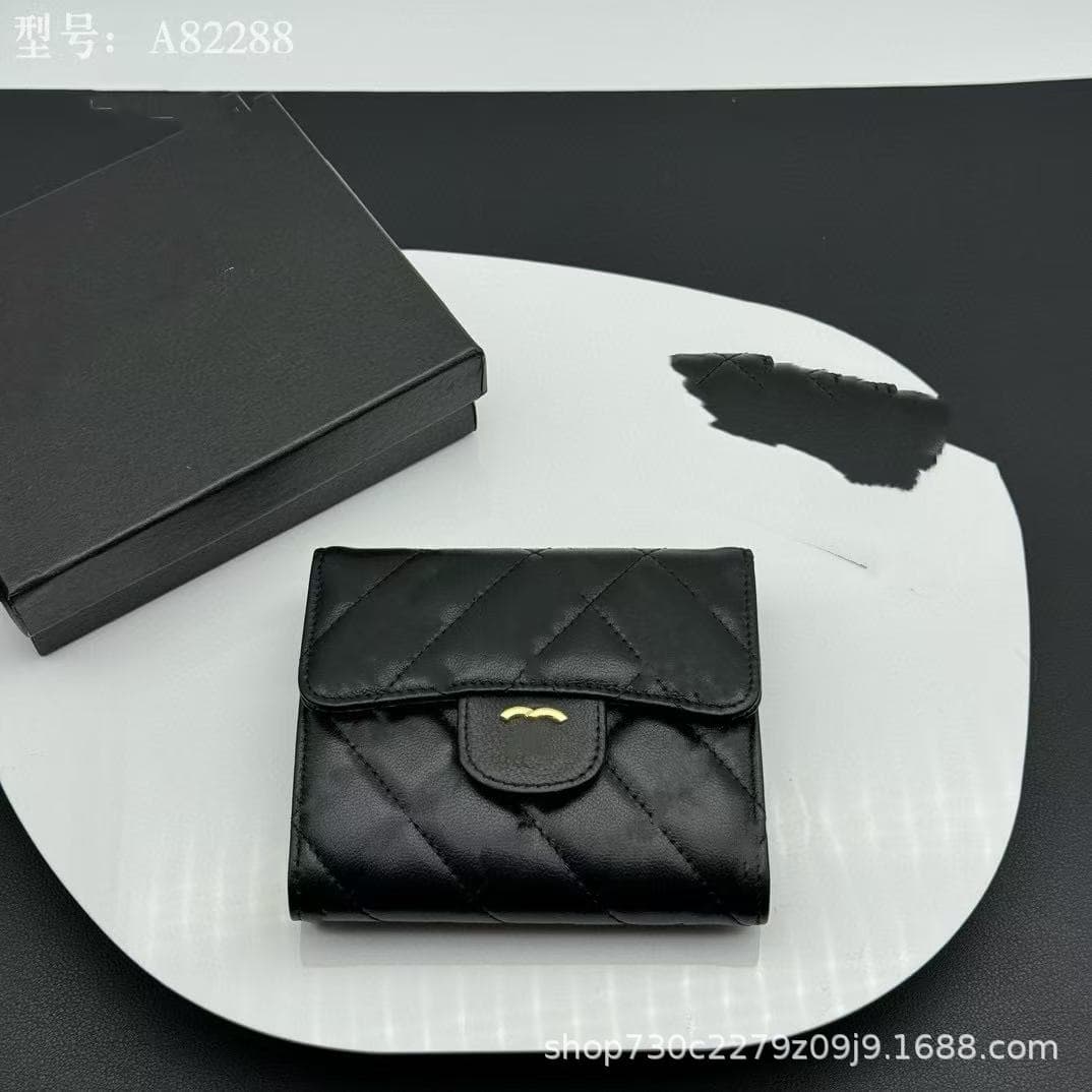 Chanel-Style Diamond-Quilted Tri-Fold Wallet for Women – Genuine Lambskin Leather Card Holder in Caviar Silver, Gold & Black, photo 2