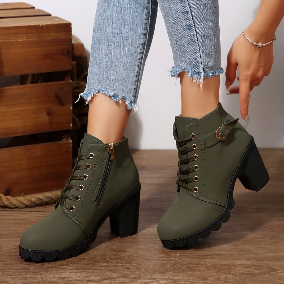 Cross-border International Trade: Chunky-Heel Ankle Boots, Round-Toe Lace-Up Boots, Nude-Heel Boots, High-Heel Side-Zip Dr. Martens Boots, Women's Single-Boots with Buckles, photo 9