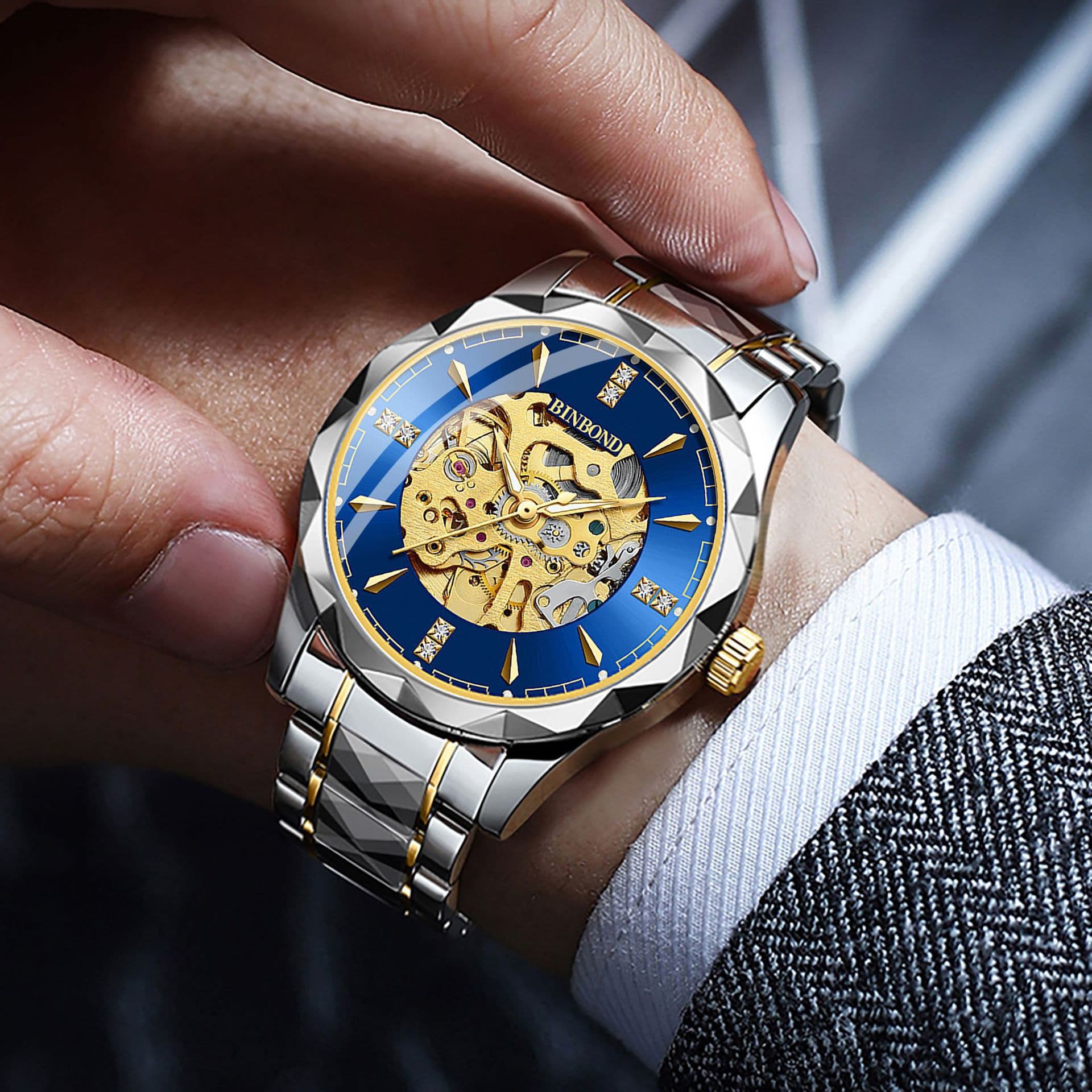 BINBOND Men's Skeleton Mechanical Watch – Water-Resistant 50m, Luminous, Stainless Steel, Business Style, photo 3