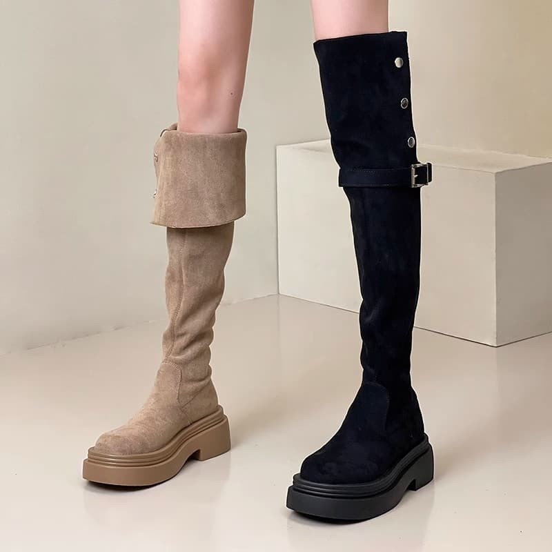 Women's Fold-Over Chunky Heel Western Boots – Knee-High Riding Style with Platform Sole, photo 2