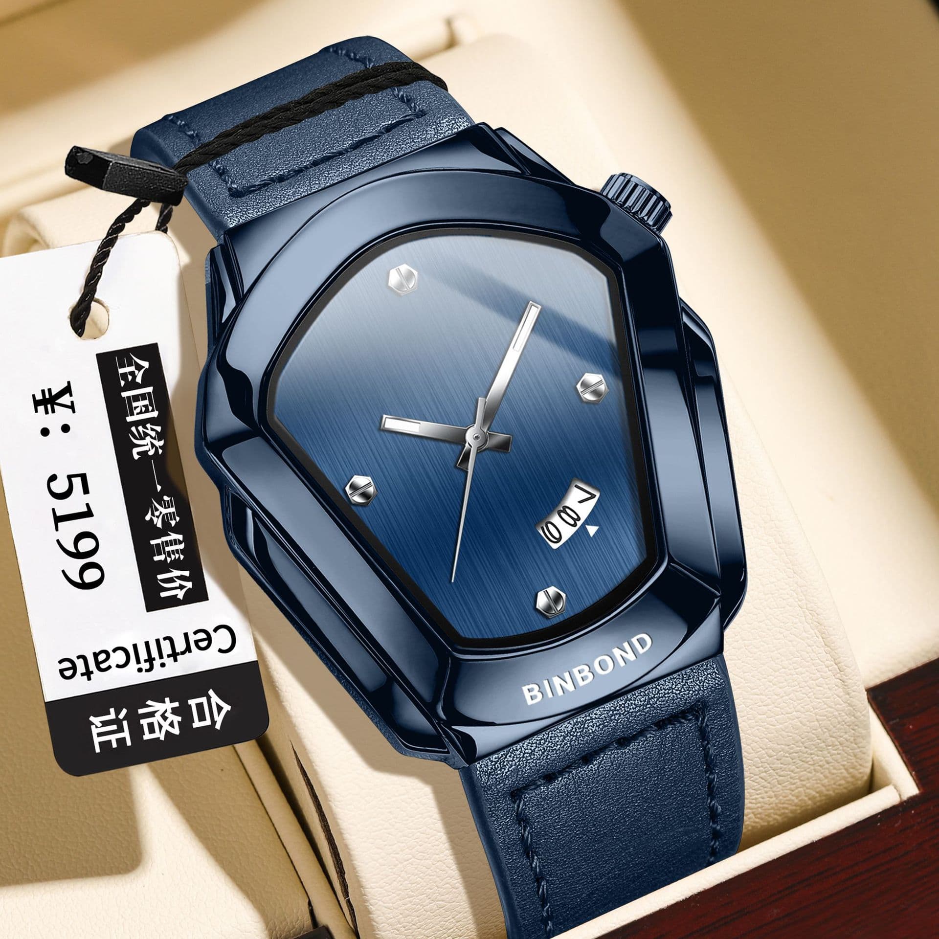 BINBOND Motorcycle-Style Men's Quartz Watch with Leather Strap, Luminous Dial & Calendar, photo 10