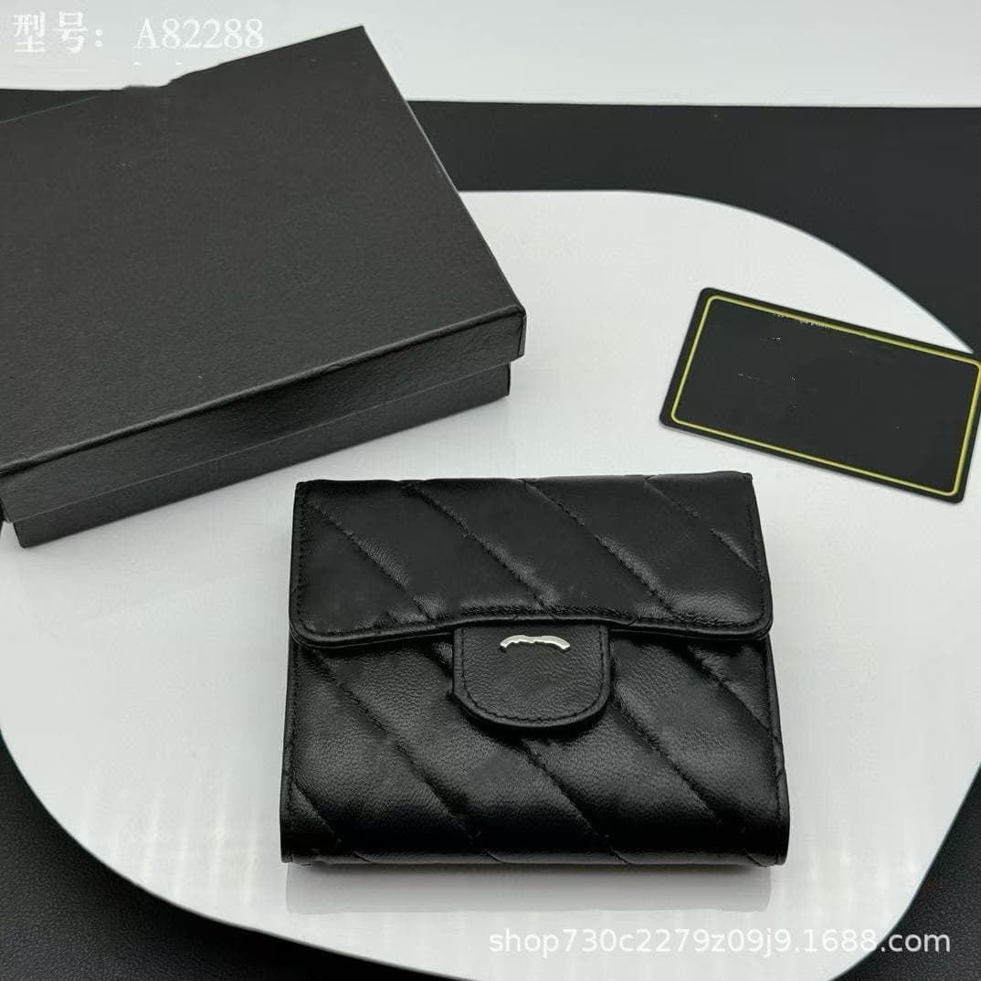 Chanel-Style Diamond-Quilted Tri-Fold Wallet for Women – Genuine Lambskin Leather Card Holder in Caviar Silver, Gold & Black, photo 3