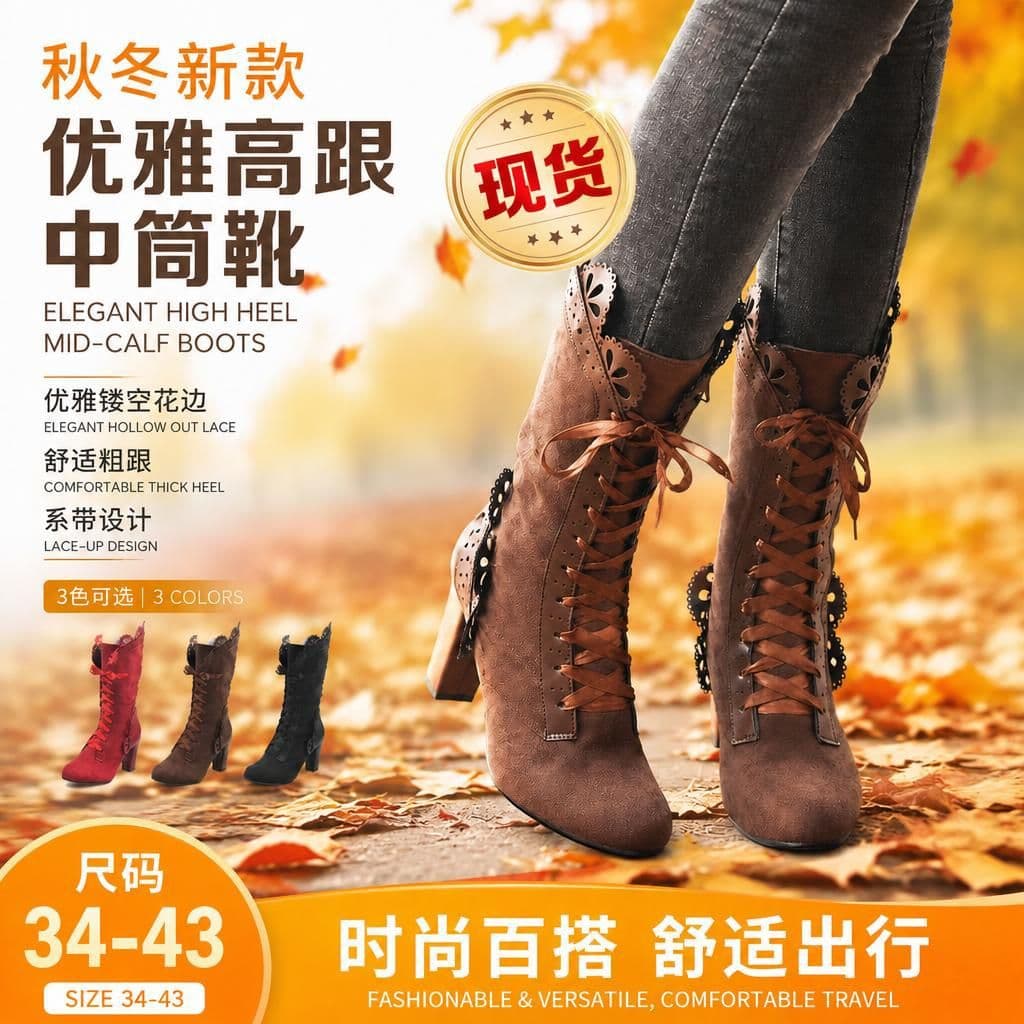 2026 In-Stock Boots: Cross-Border, Wish, Europe & US, Plus Size, Lace-Trimmed, Women's Warm High-Heeled Mid-Calf Boots, Women's Leather Boots