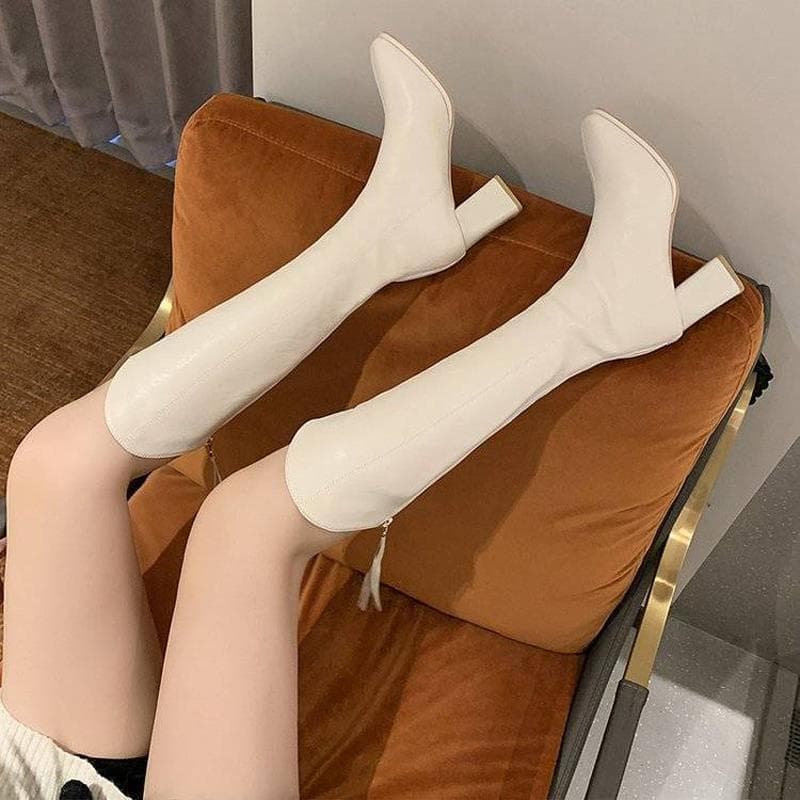 Women's White Knee-High Boots: 2025 Fall/Winter New Arrivals—Fleece-Lined High-Heeled Boots, British-Style Riding Boots for Women, photo 3