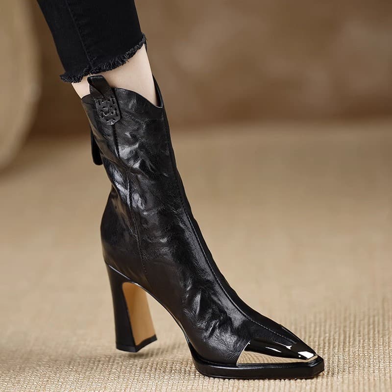 Women's Metal-Tipped Ankle Boots for International Trade—2024 New Arrivals: European and American-Style Pointed-Toe Chunky-Heel Leather Boots, High-Heel Boots, Elegant Women's Short Boots, photo 2