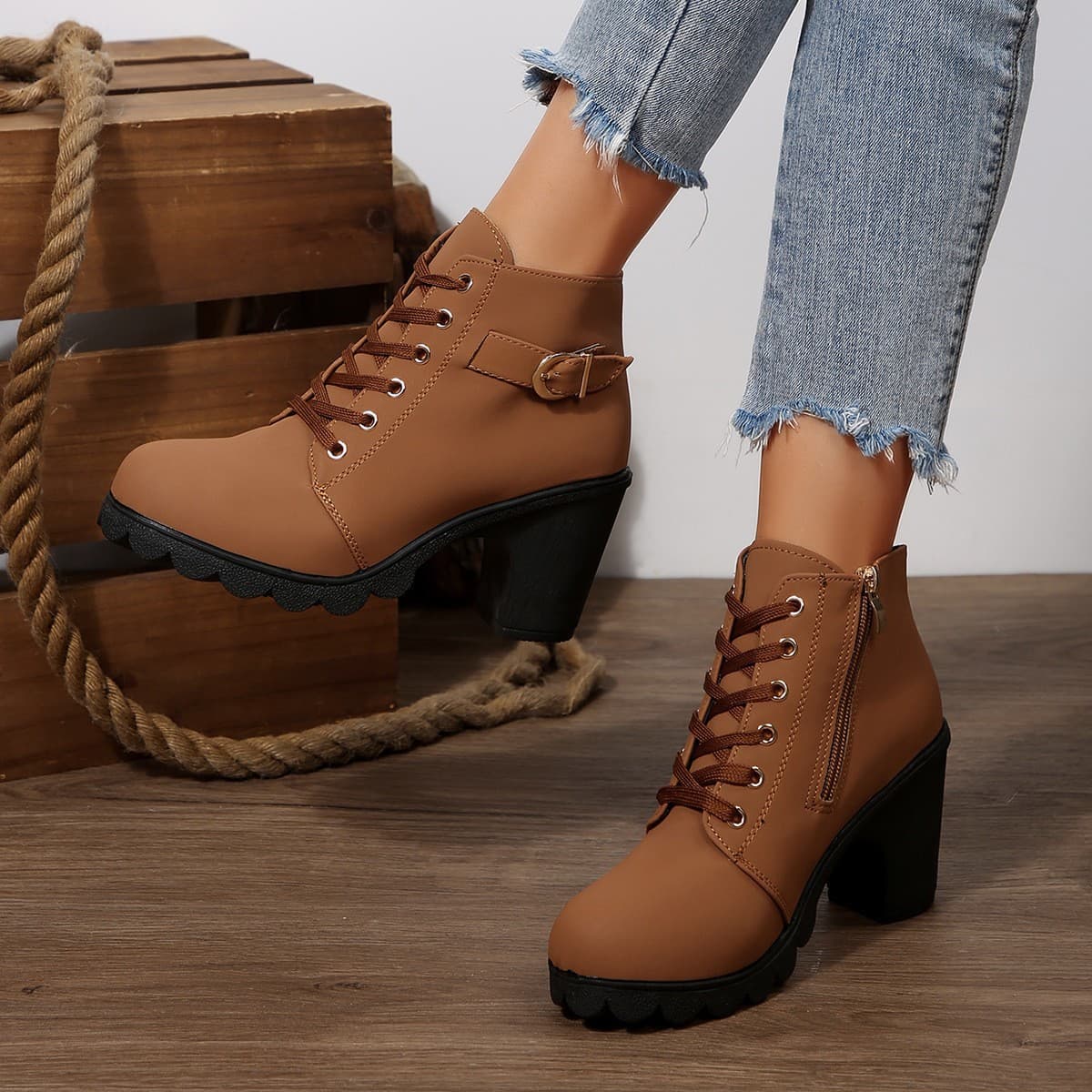 Cross-border International Trade: Chunky-Heel Ankle Boots, Round-Toe Lace-Up Boots, Nude-Heel Boots, High-Heel Side-Zip Dr. Martens Boots, Women's Single-Boots with Buckles, photo 6