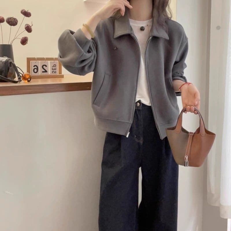 2025 Fall Women's Collared, Straight-Shoulder Sweatshirt Jacket—Spring Plus-Size, Fashionable, Slimming, European-Style New Arrival Jacket/Cardigan Top, photo 7