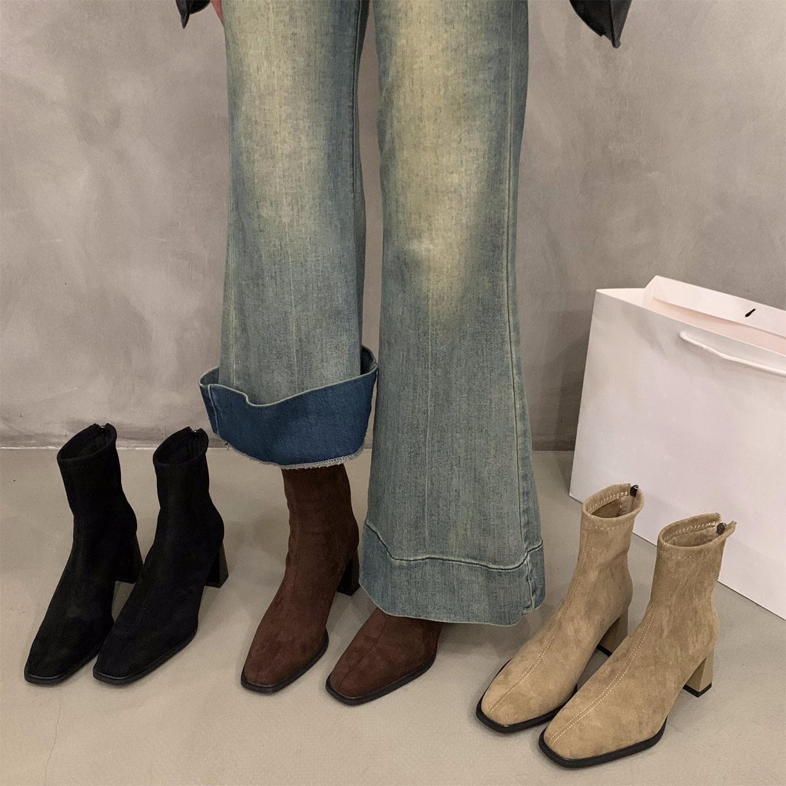 Korean-Style High-Heeled Ankle Boots, Suede Dr. Martens-Style Women's Shoes—2025 New Fall/Winter Collection: Fleece-Lined, Square-Toe, Slim-Fit Short Boots