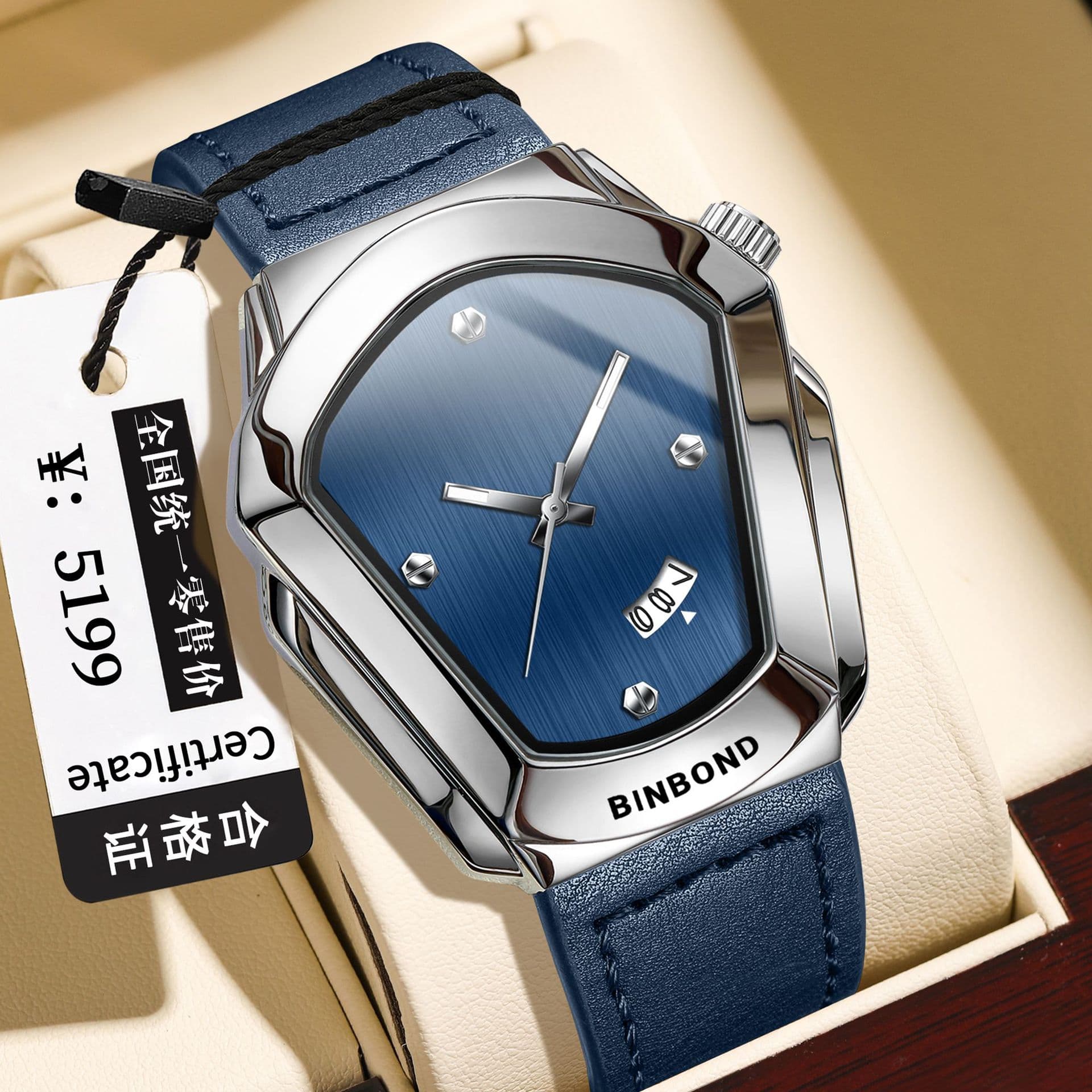 BINBOND Motorcycle-Style Men's Quartz Watch with Leather Strap, Luminous Dial & Calendar, photo 9