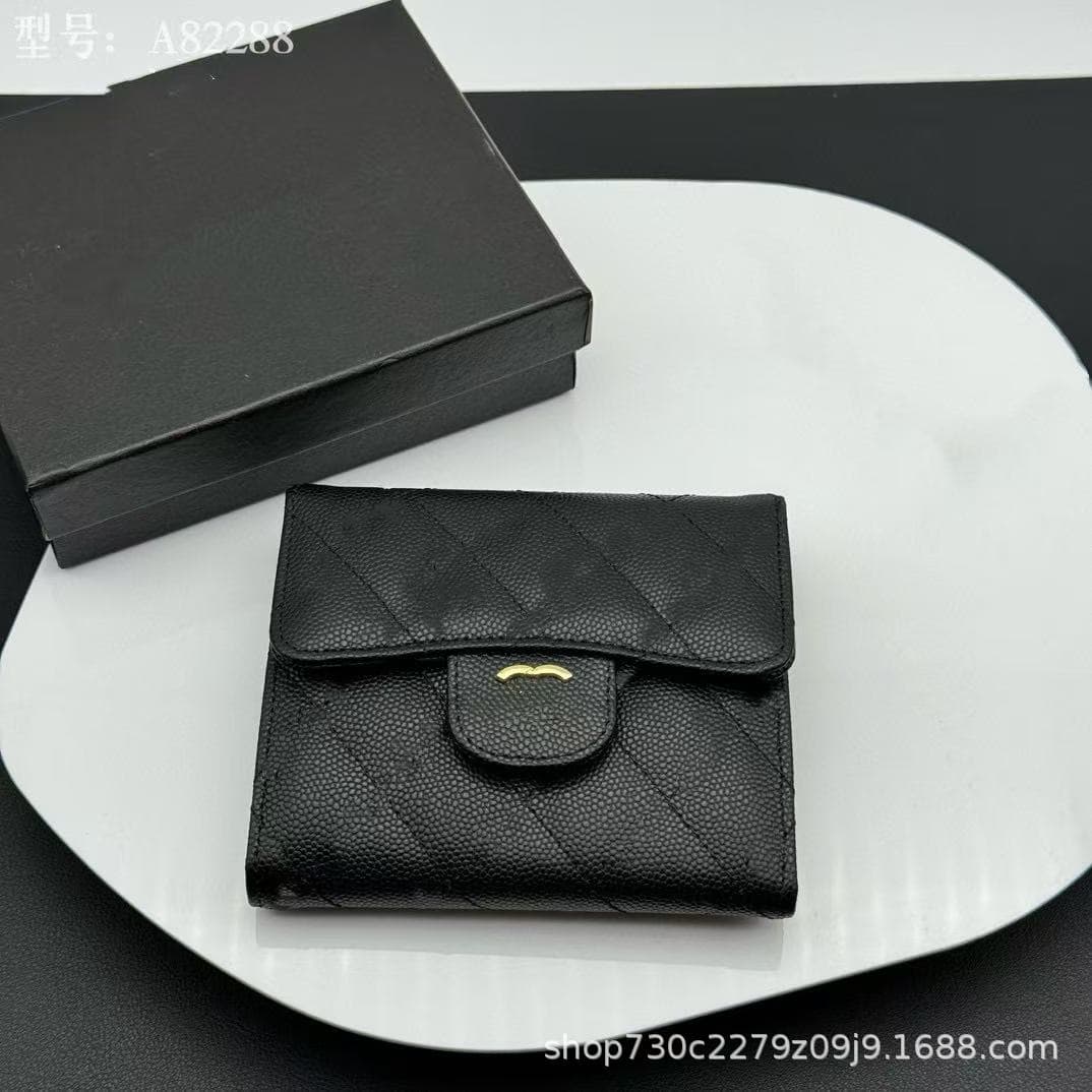Chanel-Style Diamond-Quilted Tri-Fold Wallet for Women – Genuine Lambskin Leather Card Holder in Caviar Silver, Gold & Black, photo 4