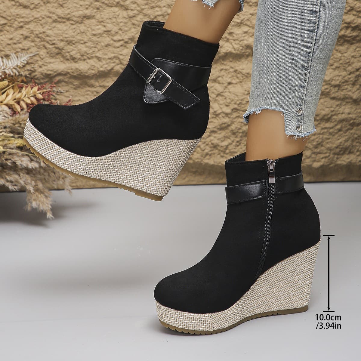 Cross-Border Plus-Size Wedge Shoes for Women: New Fall/Winter Fashionable Round-Toe Chunky-Heel Retro High-Heel Ankle Boots—In Stock for Cross-Border Shipping, photo 3