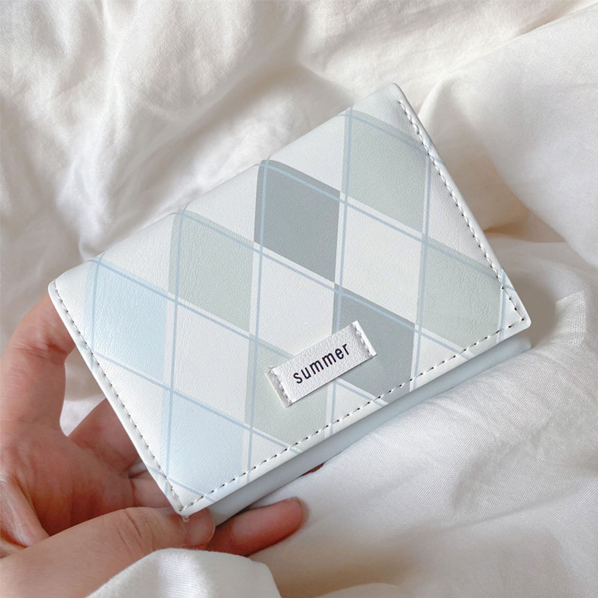 Sea Salt Blue Checkered Wallet—Fresh, Minimalist, Instagram-Style, Korean-Inspired, Multifunctional Student Wallet with Integrated Coin and Card Compartments, photo 7