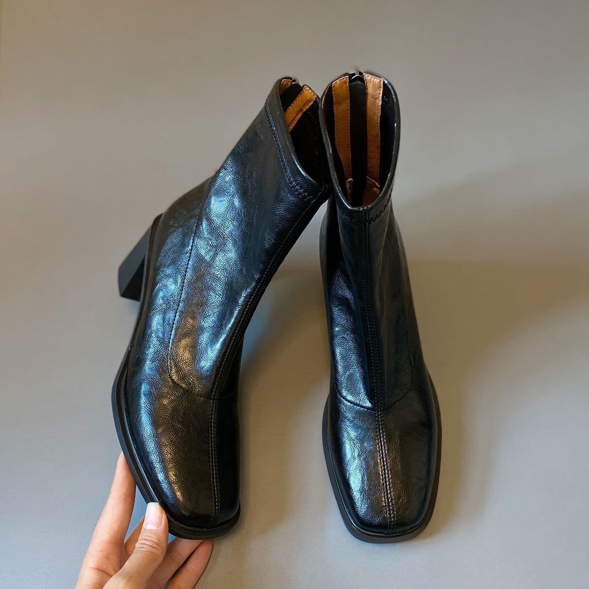 Women's Chunky-Heeled Ankle Boots, 2025 Fall/Winter Collection: Fleece-Lined, Retro Square-Toe, High-Heeled, Stretch, Slimming, Short Boots—Black, photo 7