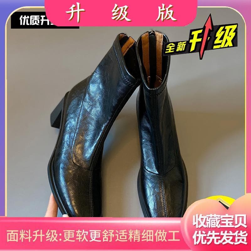 Women's Chunky-Heeled Ankle Boots, 2025 Fall/Winter Collection: Fleece-Lined, Retro Square-Toe, High-Heeled, Stretch, Slimming, Short Boots—Black, photo 9