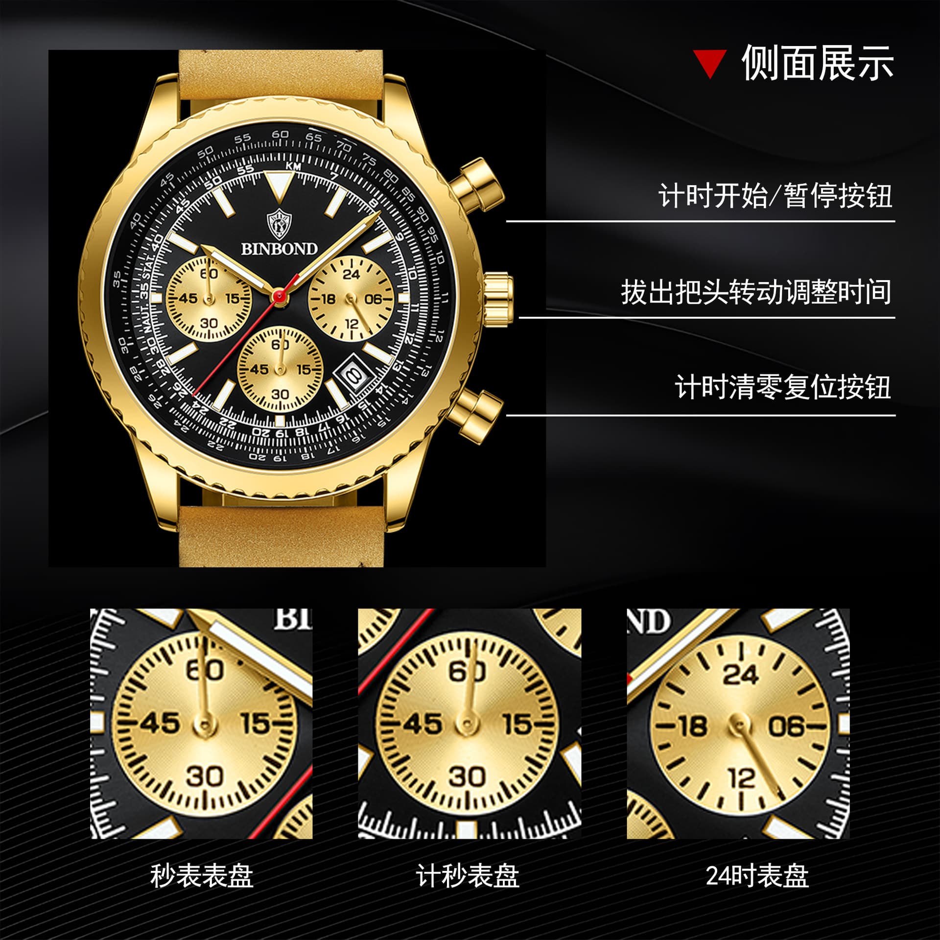 BINBOND Men's Ultra-Thin Business Watch – Waterproof, Luminous, Calendar, Stainless Steel & Leather Strap, photo 3