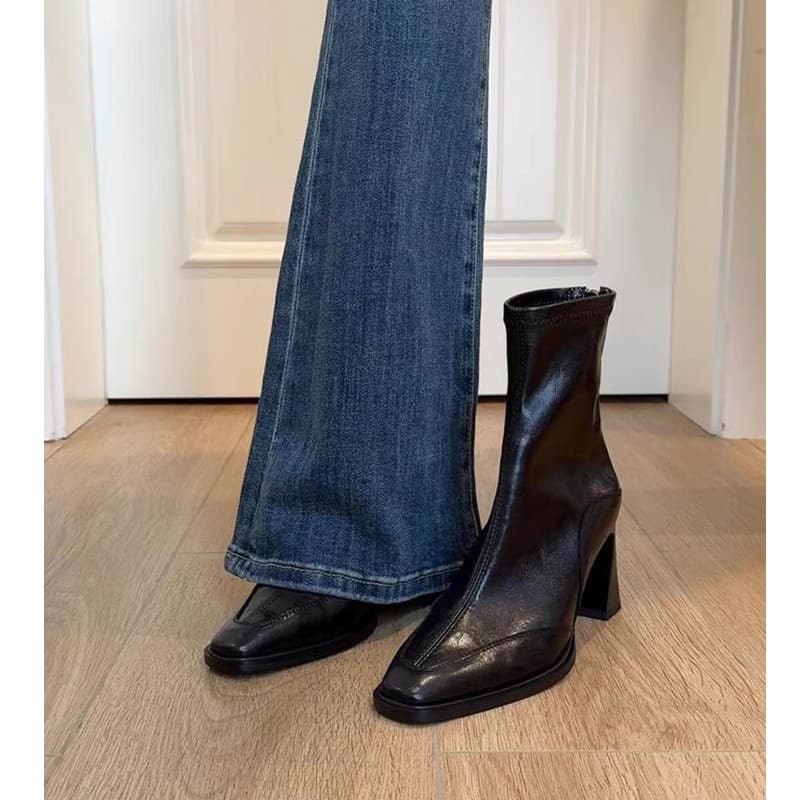 Short Mid-Calf Boots, High-Heeled Square-Toe Slim Boots, Women's Short Boots, Chunky-Heeled Retro Dr. Martens, British-Style Short Boots
