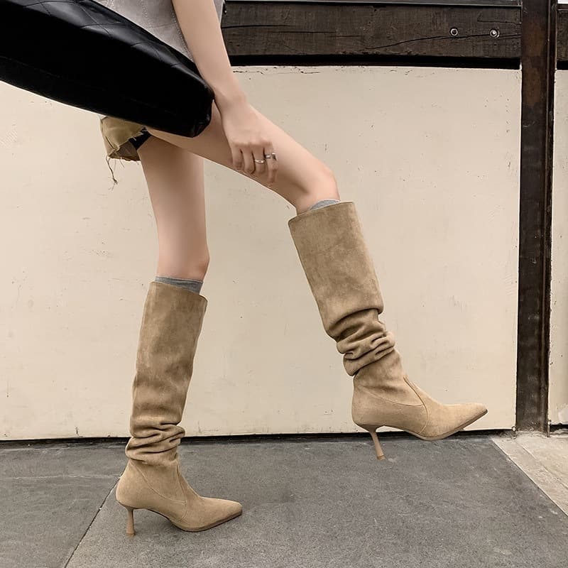 First Look: Seasonal High-Heeled, Slimming Pointed-Toe Stacked-Heel Boots for Women—2026 New Arrival Suede Stiletto Knee-High Boots (Just Below the Knee)