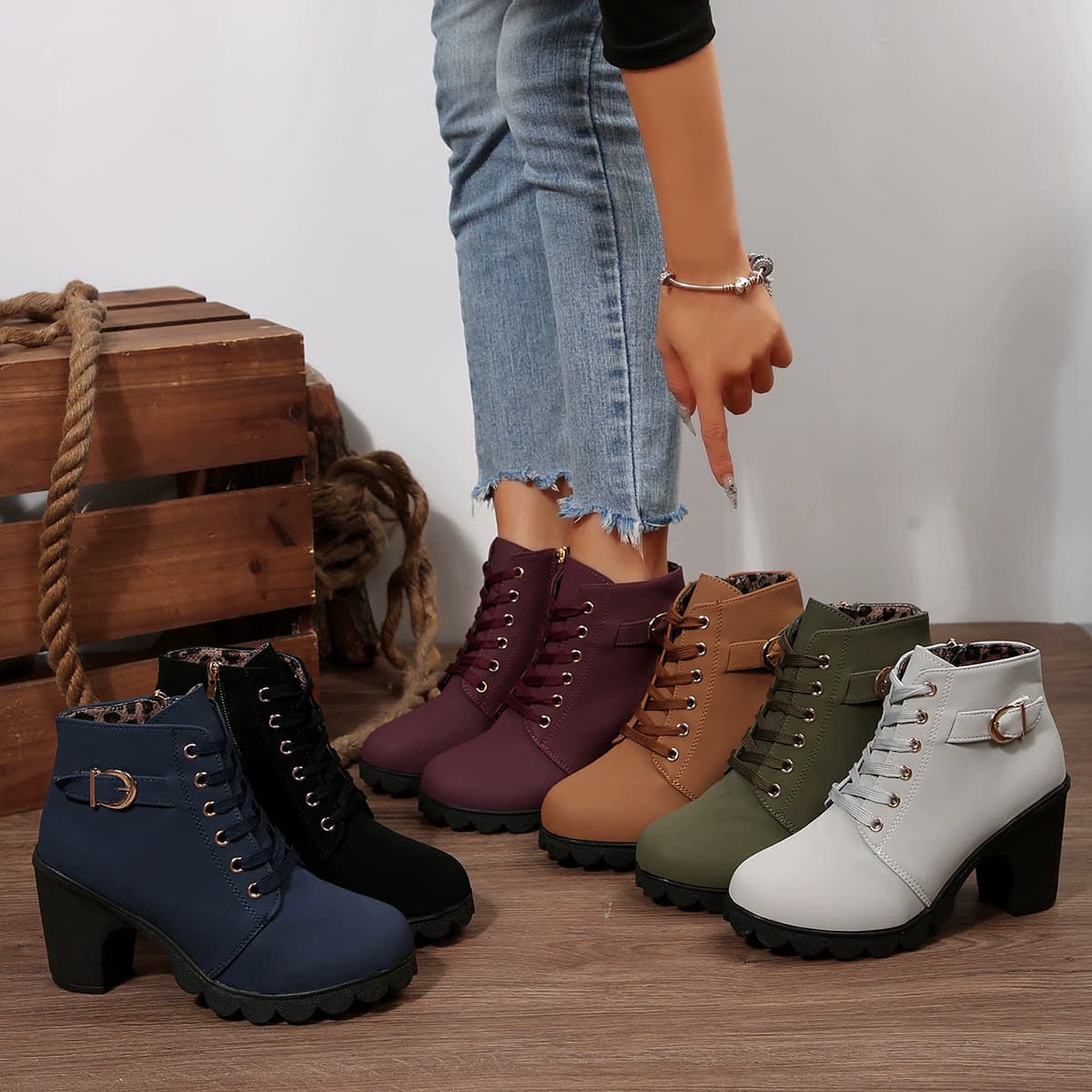 Cross-border International Trade: Chunky-Heel Ankle Boots, Round-Toe Lace-Up Boots, Nude-Heel Boots, High-Heel Side-Zip Dr. Martens Boots, Women's Single-Boots with Buckles