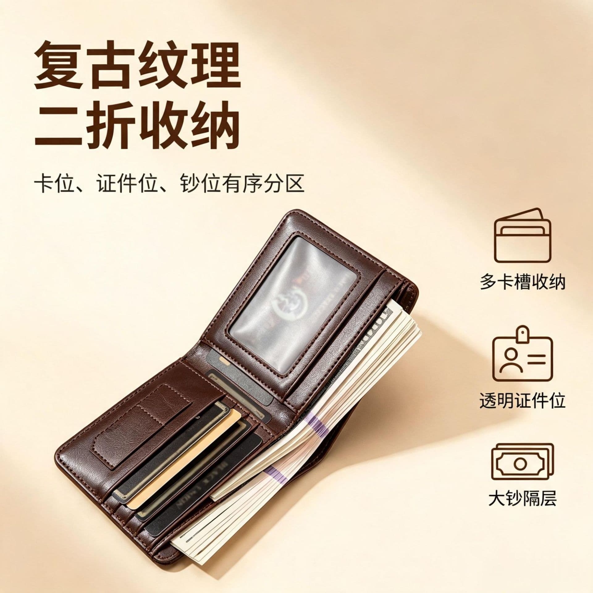 Men's Compact Bifold Wallet in PU Leather – Multiple Card Slots, Wear-Resistant, Solid Coffee Brown, photo 2