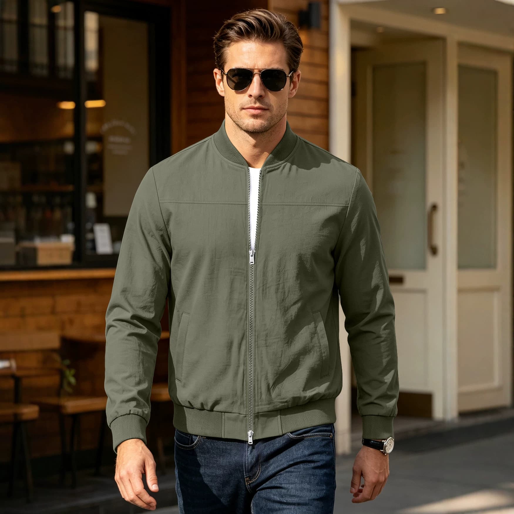 Cross-border AliExpress Men's American-Style Solid-Color Baseball Jacket with Zipper Side Pockets, Aviator Jacket, Outdoor Sports Jacket, photo 2