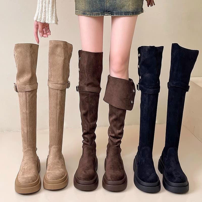 Women's Fold-Over Chunky Heel Western Boots – Knee-High Riding Style with Platform Sole