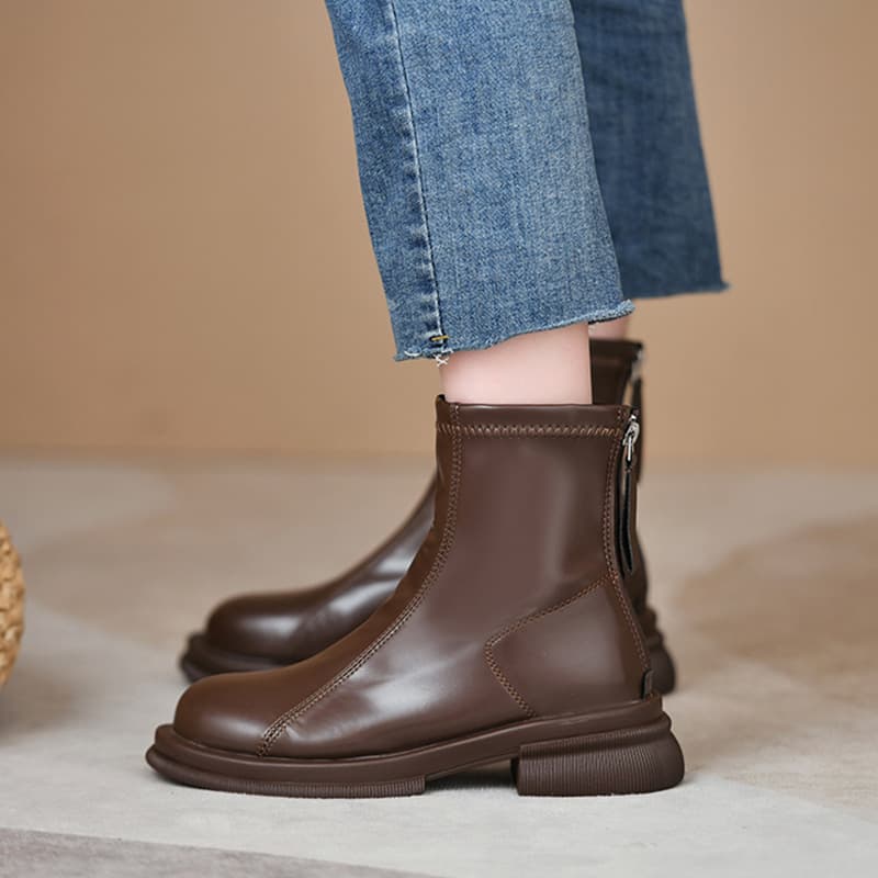 Women's Chunky Heel Ankle Boots – Back Zip, Round Toe, Wear-Resistant Rubber Sole, Fall/Winter, photo 3