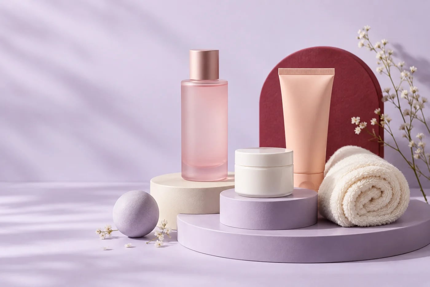 Beauty campaign with unbranded skincare bottles and a soft cotton towel