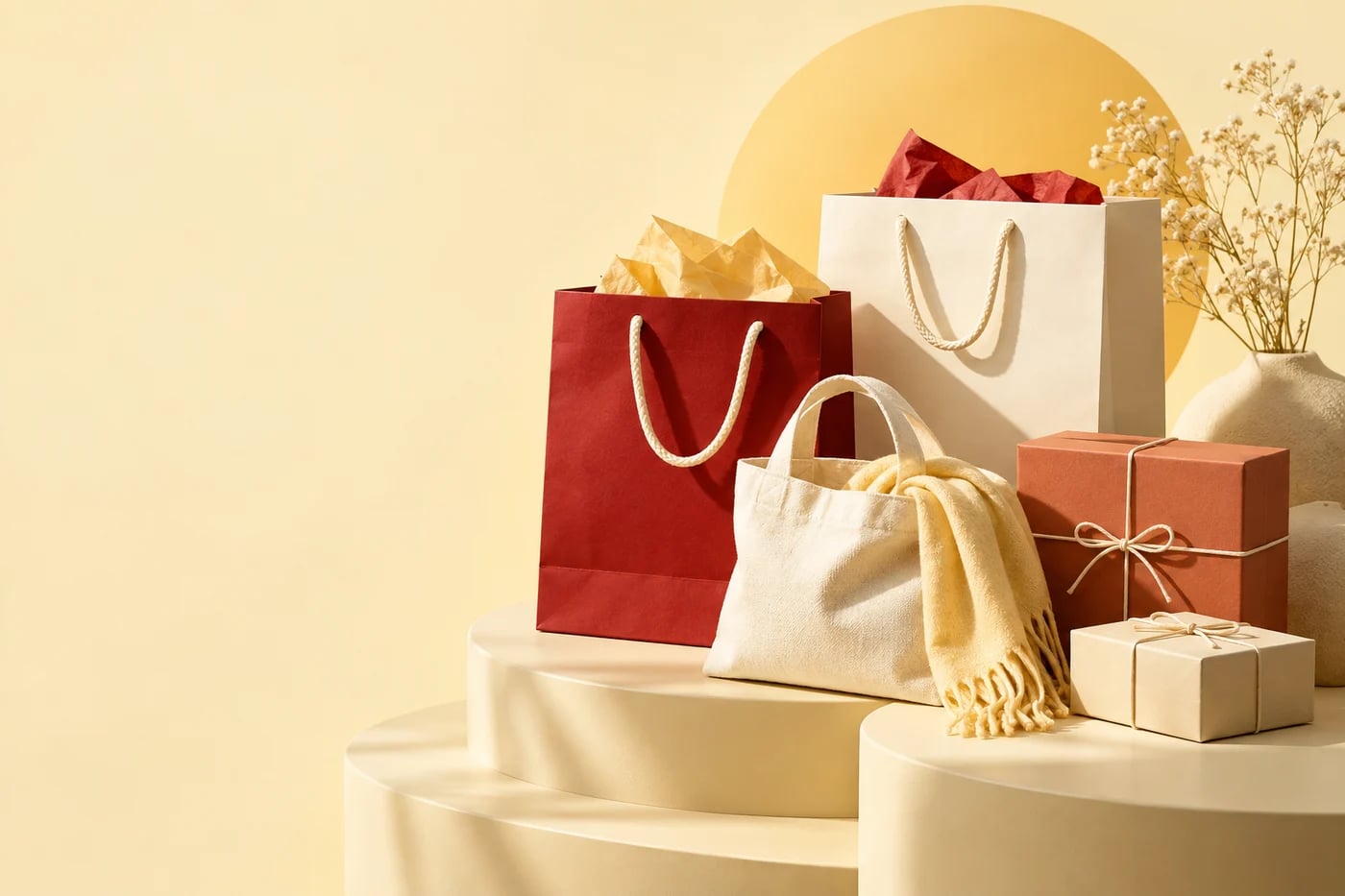 New arrivals campaign with red shopping bags, cream parcels and a canvas tote