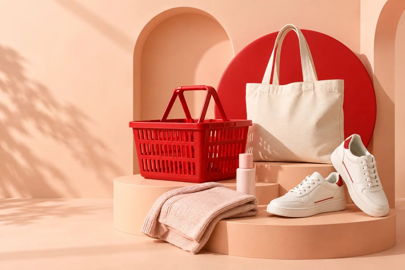 Everyday shopping campaign with a red basket, tote bag and sneakers