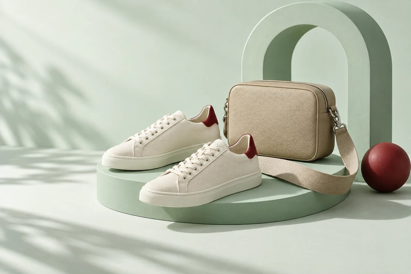 Shoes and bags campaign with cream sneakers and a sand-colored crossbody bag