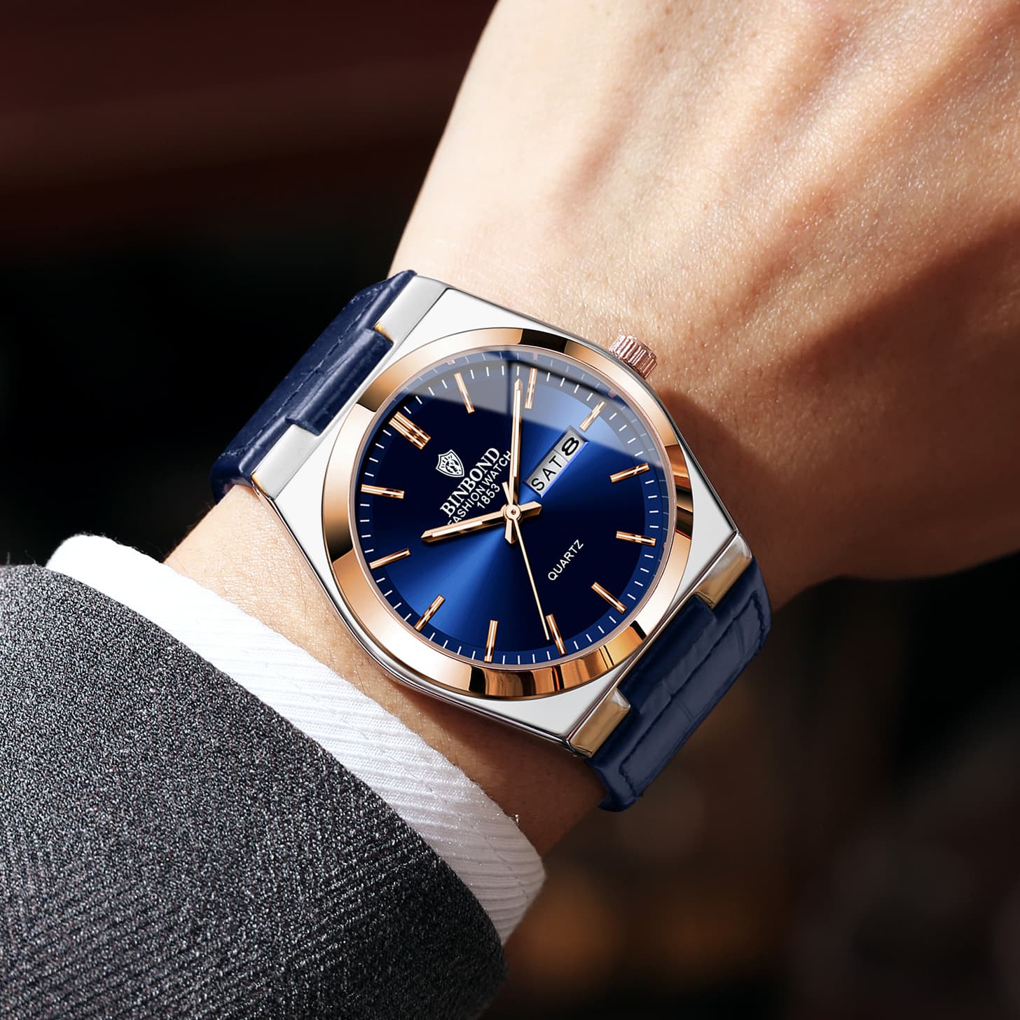 BINBOND Men's Ultra-Thin Quartz Watch with Leather Strap, Luminous Hands, and Calendar, photo 2