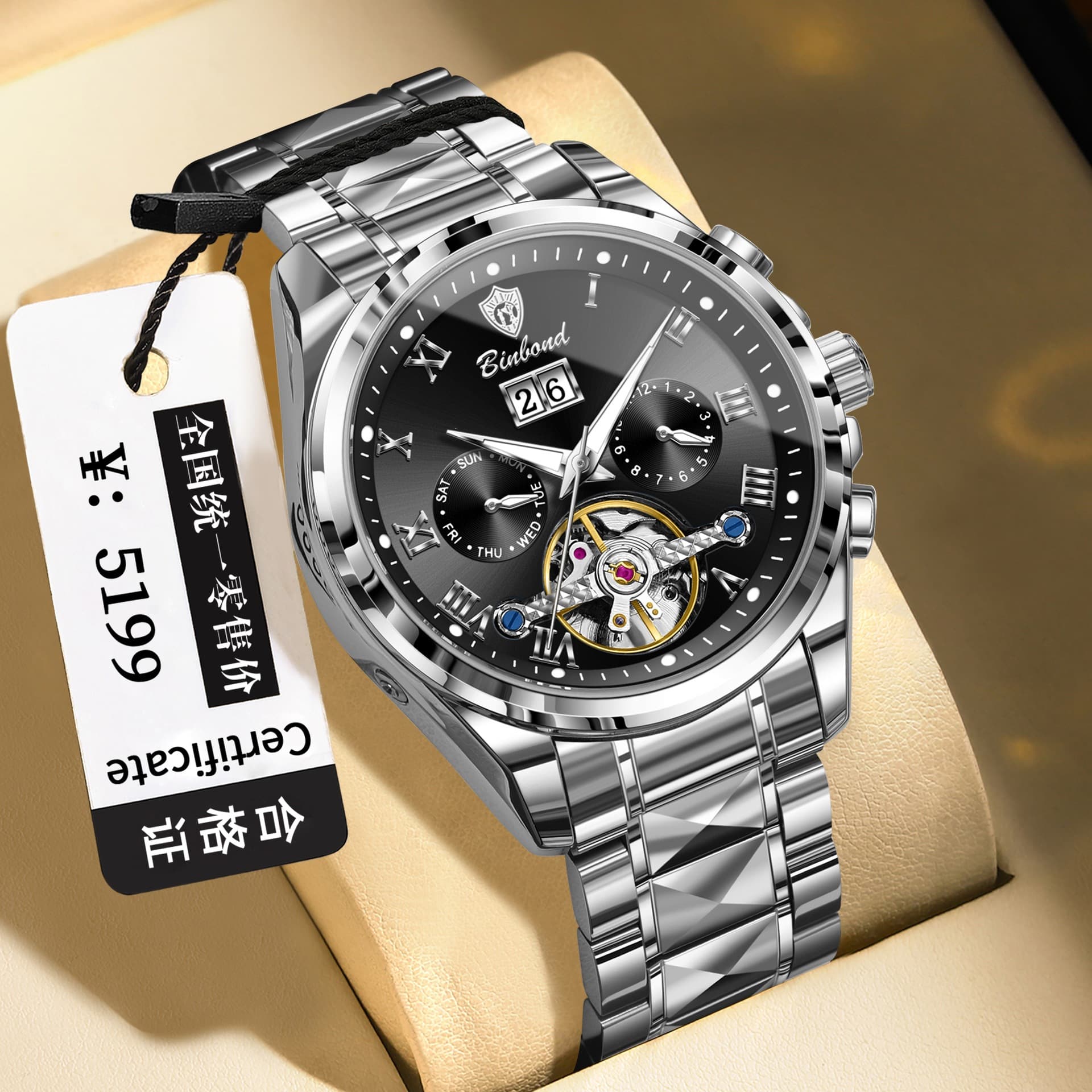 Binbond Men's Automatic Mechanical Watch – 50m Water Resistant, Luminous, Stainless Steel, Mineral Glass, Calendar, See-Through Back, photo 8