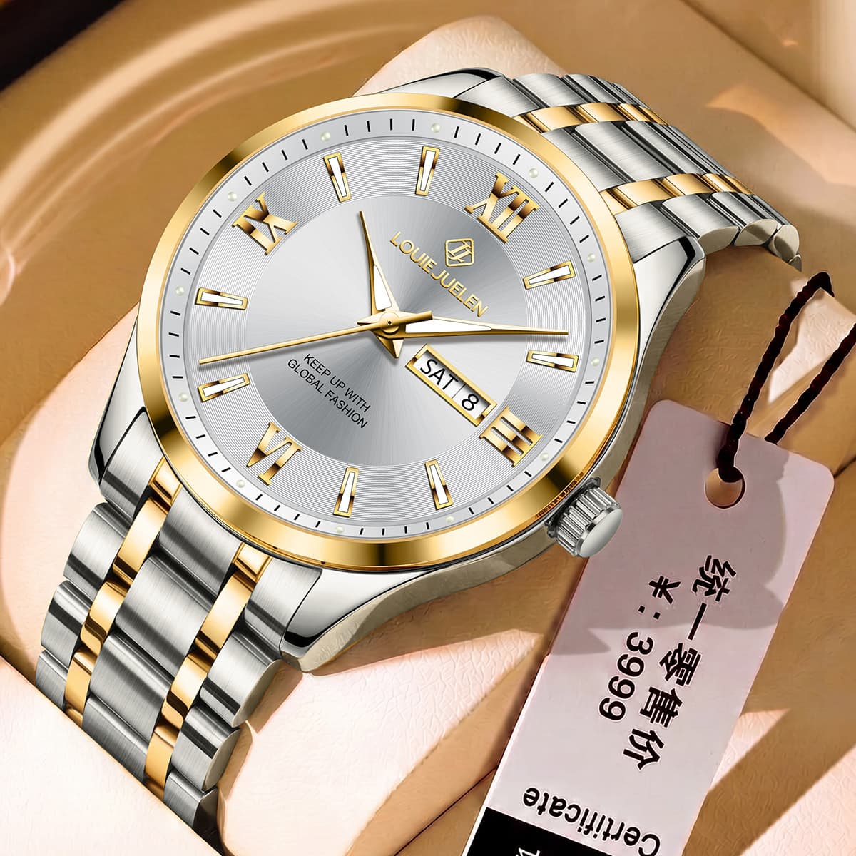 LOUIEJUELEN Men's Business Quartz Watch – Luminous Dial, Dual Calendar, Steel Band, 30M Water Resistance, photo 9