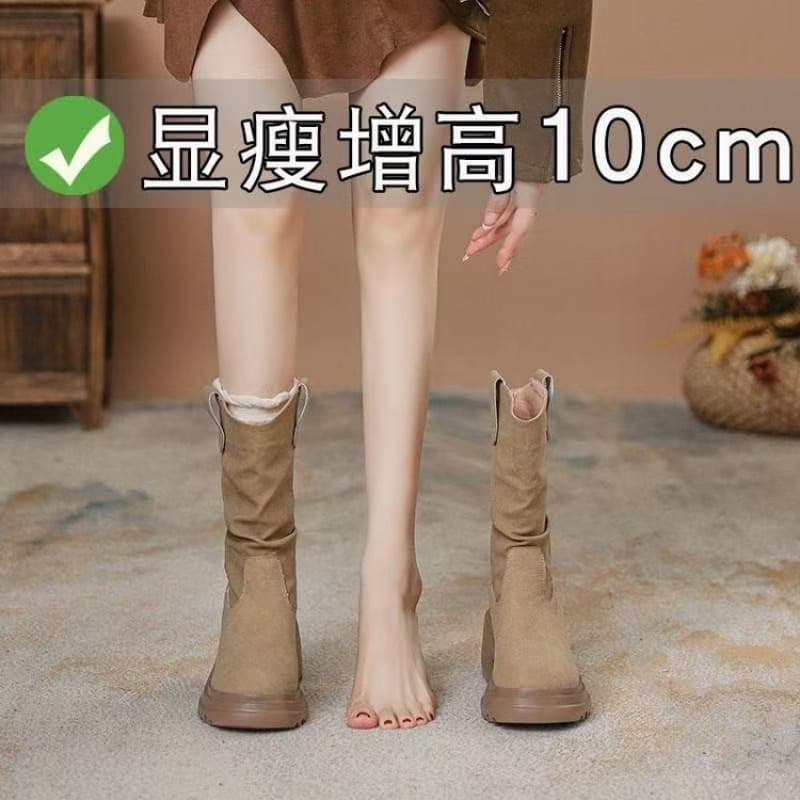 Soft Leather Pleated Mid-Calf Boots for Women – Height-Enhancing, Slip-Resistant, Side Zipper, Round Toe, Black or Khaki, photo 3