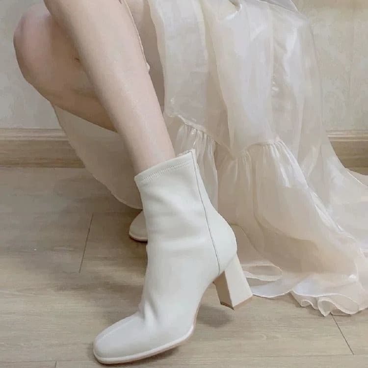 Korean-Style Preppy High-Heeled Ankle Boots – Square Toe, Chunky Heel, Faux Leather, Fall/Winter, photo 4