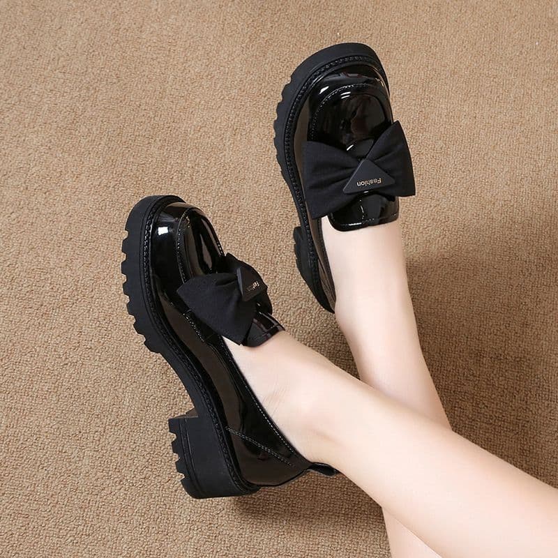 Women's Black Soft Synthetic Leather Loafers with Thick Chunky Sole and Bow Detail – Size 35-40, photo 2