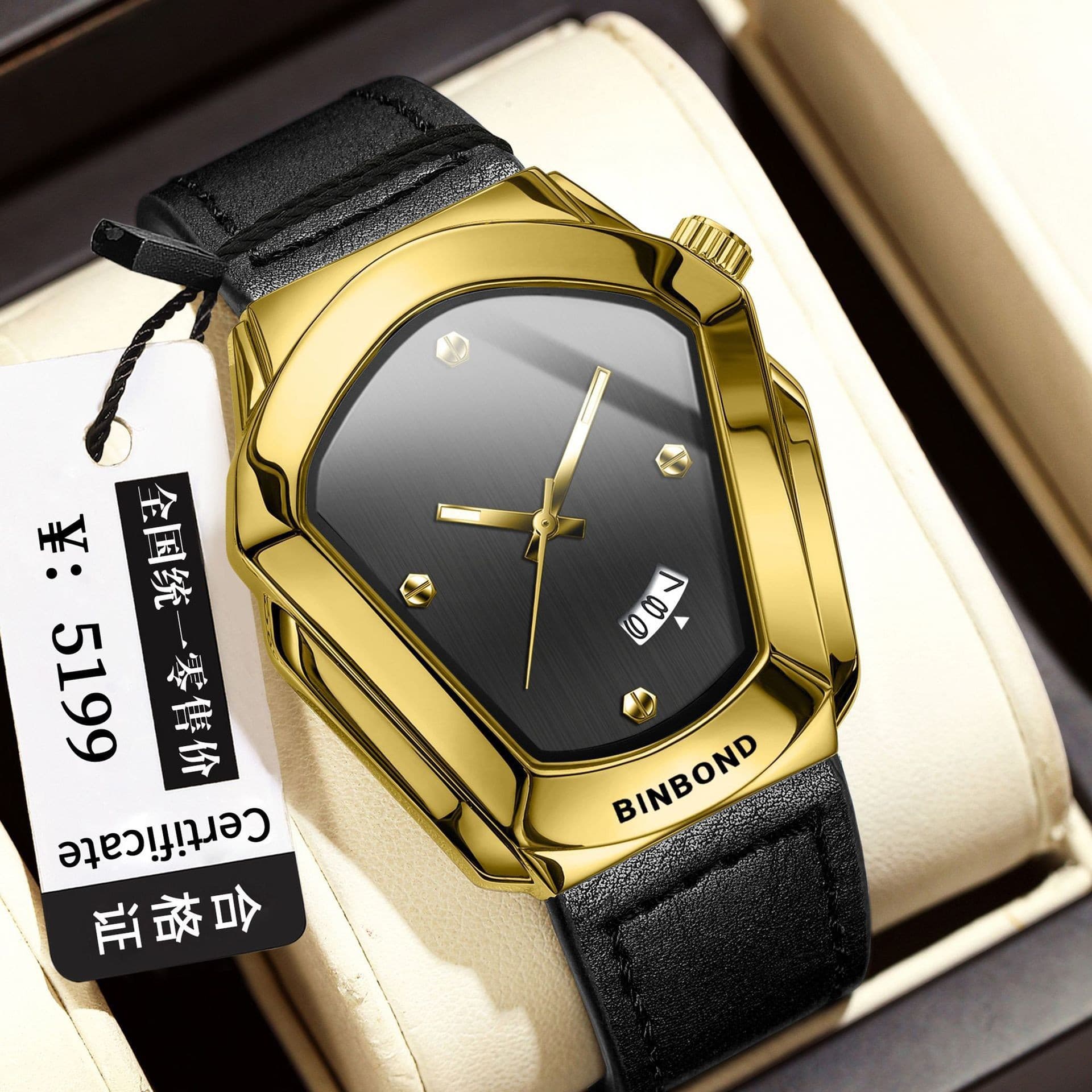 BINBOND Motorcycle-Style Men's Quartz Watch with Leather Strap, Luminous Dial & Calendar, photo 6